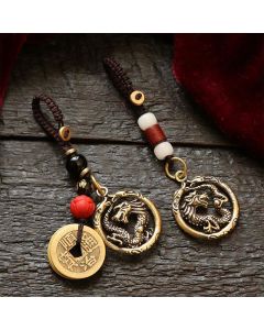 Buddha Stones Copper Dragon Wealth Braided Round Keychains - White Bead Cord