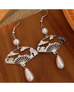 Buddha Stones Copper Fan Auspicious Clouds Pearl Healing Drop Earrings - Fan Auspicious Clouds(Copper Posts)