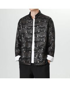 Buddha Stones Frog-Button Chinese Tang Suit Wave Shape Long Shirt Men Jacket Clothing - DarkRed / US/UK/AU40，EU50 (2XL)