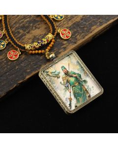 Buddha Stones Copper Lord Guan Protection Braided Tassel Thangka Necklace - Green Full-body Lord Guan Thangka