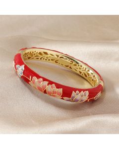Buddha Stones Copper Lotus Cloisonné Enamel Enlightenment Bangle Bracelet - Turquoise Blue