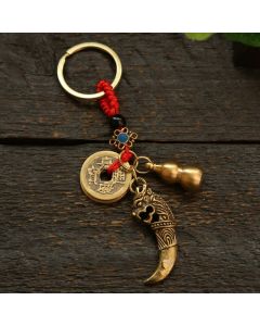 Buddha Stones Copper Pi Xiu Braided Five Emperor Coins Gourd Wealth Keychains - Red Cord Coins Gourd