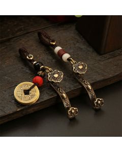 Buddha Stones Copper Pi Xiu Chinese Coin Ruyi Lotus Wealth Keychains - White Bead Ruyi