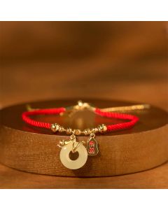 Buddha Stones Copper Plated Gold Jade Peace Buckle Fu Character Year Of The Snake Red String Luck Bracelet - Red String Peace Buckle(Wrist Circumference: 14-17cm)