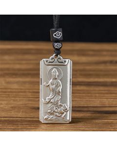 Buddha Stones Copper Plated With Silver Avalokiteśvara Rope Wealth Necklace Pendant - Avalokiteśvara