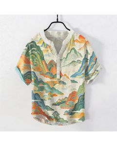 Buddha Stones Cotton Abstract Mountain Landscape Pattern Men's Short Sleeve Half Button Shirt - PaleTurquoise / US/UK/AU38，EU48 (M)