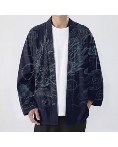 Buddha Stones Cotton Ancient Dragon Mist Pattern Open Front Men's Kimono - Navy / US/UK/AU38，EU48 (M)