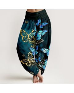 Buddha Stones Cotton Artistic Butterfly Glow Pattern Women's Elastic Waist Harem Pants - Teal / US2，UK/AU6，EU34 (XS)