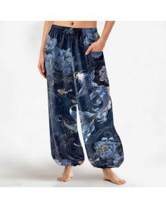 Buddha Stones Cotton Artistic Koi Peony Pattern Women's Elastic Waist Harem Pants With Side Pockets - Navy / US2，UK/AU6，EU34 (XS)