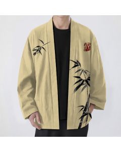 Buddha Stones Cotton Asymmetrical Ink Bamboo Pattern Open Front Men's Kimono - CadetBlue / US/UK/AU38，EU48 (M)