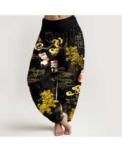 Buddha Stones Cotton Auspicious Beast Cloud Pattern Women's Elastic Waist Harem Pants - Black / US2，UK/AU6，EU34 (XS)