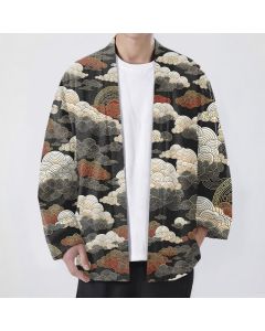 Buddha Stones Cotton Auspicious Cloud Tide Pattern Open Front Men's Kimono - Black / US/UK/AU38，EU48 (M)