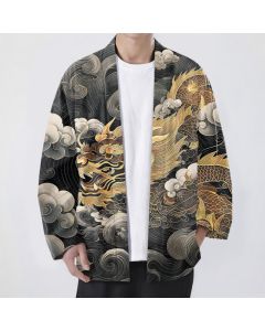 Buddha Stones Cotton Auspicious Dragon Cloud Sea Pattern Open Front Men's Kimono - Black / US/UK/AU38，EU48 (M)