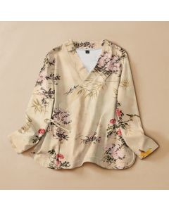 Buddha Stones Cotton Bamboo Blossom Print Hanfu Style Wrap V-Neck Lace-up Women's Long Sleeve Shirts Kimono - PaleTurquoise / US12,UK/AU16,EU44 (XL)