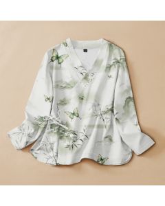 Buddha Stones Cotton Bamboo Butterfly Print Hanfu Style Wrap V-Neck Lace-up Women's Long Sleeve Shirts Kimono - MediumAquamarine / US4,UK/AU8,EU36 (S)
