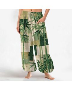 Buddha Stones Cotton Bamboo Grove Patchwork Pattern Women's Elastic Waist Harem Pants With Side Pockets - ForestGreen / US2，UK/AU6，EU34 (XS)