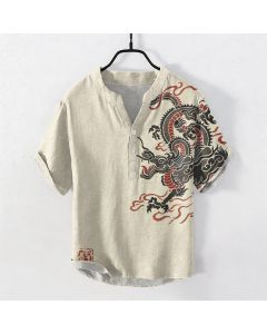 Buddha Stones Cotton Black Red Dragon Pattern Men's Short Sleeve Half Button Shirt - BurlyWood / US/UK/AU50，EU60 (5XL)