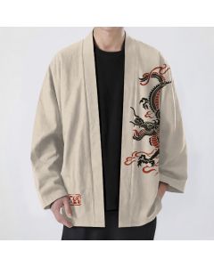 Buddha Stones Cotton Black Red Dragon Pattern Open Front Men's Kimono - Beige / US/UK/AU38，EU48 (M)