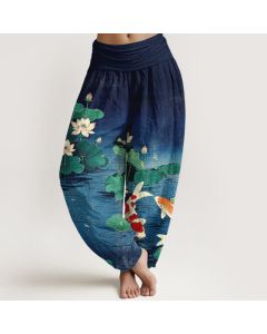 Buddha Stones Cotton Blooming Lotus Koi Pattern Women's Elastic Waist Harem Pants - Navy / US2，UK/AU6，EU34 (XS)