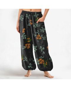 Buddha Stones Cotton Bohemian Botanical Floral Pattern Women's Elastic Waist Harem Pants With Side Pockets - Black / US2，UK/AU6，EU34 (XS)