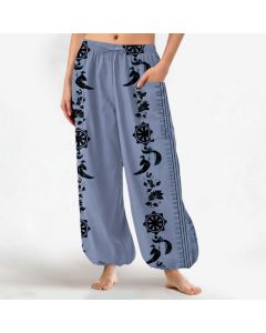 Buddha Stones Cotton Bohemian Dharma Wheel Lotus OM Stripe Pattern Women's Elastic Waist Harem Pants With Side Pockets - LightSteelBlue / US2,UK/AU6,EU34 (XS)