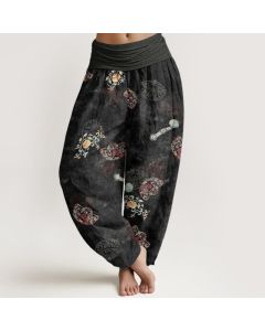 Buddha Stones Cotton Bohemian Floral Fan Pattern Women's Elastic Waist Harem Pants - Black / US2，UK/AU6，EU34 (XS)