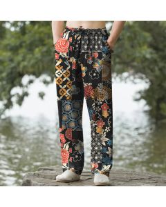 Buddha Stones Cotton Bohemian Floral Patchwork Pattern Men's Tapered Pants With Pockets - Teal / US/UK/AU38，EU48 (M)