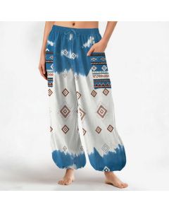 Buddha Stones Cotton Bohemian Geometric Diamond Pattern Women's Elastic Waist Harem Pants With Side Pockets - DodgerBlue / US2，UK/AU6，EU34 (XS)