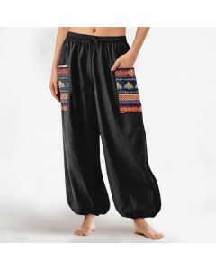Buddha Stones Cotton Bohemian Lotus Geometric Pattern Women's Elastic Waist Harem Pants With Side Pockets - Black / US12，UK/AU16，EU44 (XL)