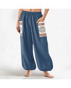 Buddha Stones Cotton Bohemian Lotus Mandala Pattern Women's Elastic Waist Harem Pants With Side Pockets - MediumAquamarine / US2，UK/AU6，EU34 (XS)