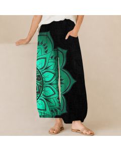 Buddha Stones Cotton Bohemian Mandala Floral Pattern Pleated Elastic Waist Women's Harem Pants With Pockets - Teal / US2，UK/AU6，EU34 (XS)