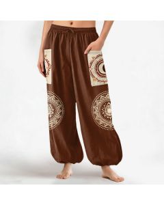 Buddha Stones Cotton Bohemian Mandala Moon Phase Pattern Women's Elastic Waist Harem Pants With Side Pockets - SaddleBrown / US2，UK/AU6，EU34 (XS)