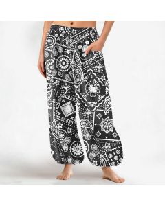 Buddha Stones Cotton Bohemian Paisley Bandana Pattern Women's Elastic Waist Harem Pants With Side Pockets - Teal / US2，UK/AU6，EU34 (XS)