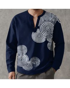 Buddha Stones Cotton Bohemian Spiral Pattern V-Neck Buttons Men's Long Sleeve Shirts - Navy / US/UK/AU38，EU48 (M)