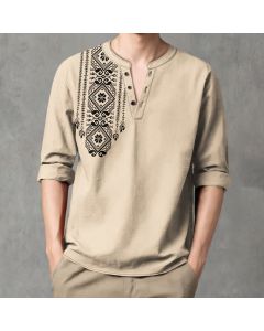 Buddha Stones Cotton Bohemian Square Geometric Pattern V-Neck Buttons Men's Long Sleeve Shirts - Beige / US/UK/AU38，EU48 (M)