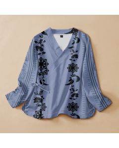 Buddha Stones Cotton Boho Floral Border Pattern Wrap V-Neck Lace-up Women's Long Sleeve Shirts Kimono - LightSkyBlue / US4，UK/AU8，EU36 (S)