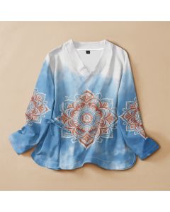 Buddha Stones Cotton Boho Mandala Print Hanfu Style Wrap V-Neck Lace-up Women's Long Sleeve Shirts Kimono - SkyBlue / US4，UK/AU8，EU36 (S)