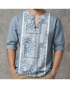 Buddha Stones Cotton Boho Paisley Stripe Pattern V-Neck Buttons Men's Long Sleeve Shirts - LightSteelBlue / US/UK/AU38，EU48 (M)
