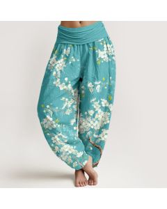 Buddha Stones Cotton Botanical Bloom Branch Pattern Women's Elastic Waist Harem Pants - Turquoise / US2，UK/AU6，EU34 (XS)
