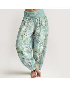 Buddha Stones Cotton Botanical Floral Branch Pattern Women's Elastic Waist Harem Pants - Aquamarine / US16，UK/AU20，EU48 (3XL)