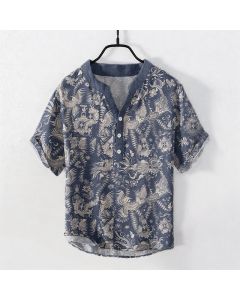 Buddha Stones Cotton Botanical Floral Pattern Men's Short Sleeve Half Button Shirt - SlateGray / US/UK/AU42，EU52 (XL)