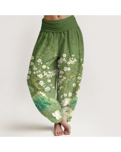 Buddha Stones Cotton Botanical Lotus Flower Pattern Women's Elastic Waist Harem Pants - OliveDrab / US2，UK/AU6，EU34 (XS)