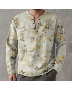Buddha Stones Cotton Butterfly Floral Calligraphy Pattern V-Neck Buttons Men's Long Sleeve Shirts - LightBlue / US/UK/AU48，EU58 (4XL)