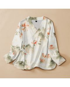 Buddha Stones Cotton Butterfly Floral Print Hanfu Style Wrap V-Neck Lace-up Women's Long Sleeve Shirts Kimono - Ivory / US4，UK/AU8，EU36 (S)