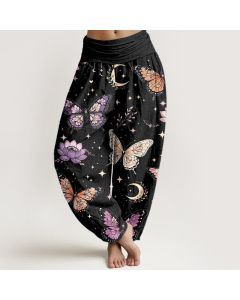 Buddha Stones Cotton Butterfly Moon Lotus Pattern Women's Elastic Waist Harem Pants - Black / US2，UK/AU6，EU34 (XS)