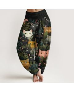 Buddha Stones Cotton Cartoon Cat Leaf Pattern Women's Elastic Waist Harem Pants - BlueViolet / US16，UK/AU20，EU48 (3XL)
