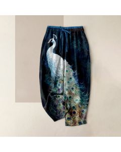 Buddha Stones Cotton Casual Gorgeous Peacock Pattern Women's Elastic Waist Pants With Pockets - DarkGreen / US14，UK/AU18，EU46 (2XL)