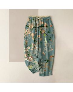 Buddha Stones Cotton Casual Peach Blossoms Flying Geese Pattern Women's Elastic Waist Pants With Pockets - CornflowerBlue / US16，UK/AU20，EU48 (3XL)
