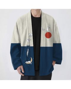 Buddha Stones Cotton Cat Sun Crescent Pattern Open Front Men's Kimono - Navy / US/UK/AU38，EU48 (M)