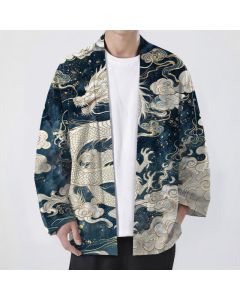 Buddha Stones Cotton Celestial Dragon Swirl Cloud Pattern Open Front Men's Kimono - Navy / US/UK/AU38，EU48 (M)